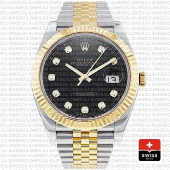 Rolex Datejust 41 Jubilee 2 Tone 18k Yellow Gold Flutted Bezel Black Dial Diamond Markers 126333 Swiss Replica