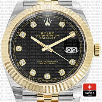 Rolex Datejust Two-Tone 18k Yellow Gold, 904L Steel Fluted Bezel Black Diamond Dial