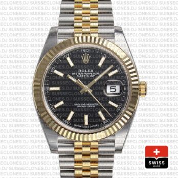 Rolex Datejust 41 Jubilee 2 Tone 18k Yellow Gold Flutted Bezel Black Dial Stick Markers 126333 Swiss Replica