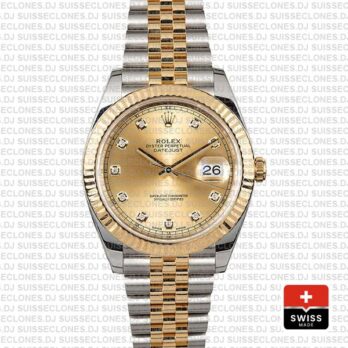 Rolex Datejust 41 Jubilee 2 Tone 18k Yellow Gold Flutted Bezel Gold Dial Diamond Markers 126333 Swiss Replica