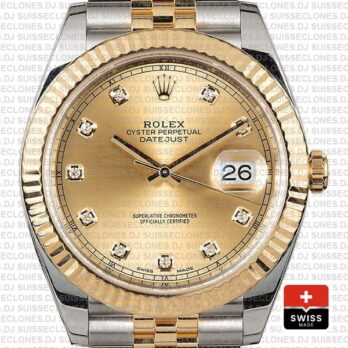 Rolex Datejust 41 Jubilee 2 Tone 18k Yellow Gold Flutted Bezel Gold Dial Diamond Markers 126333 Swiss Replica