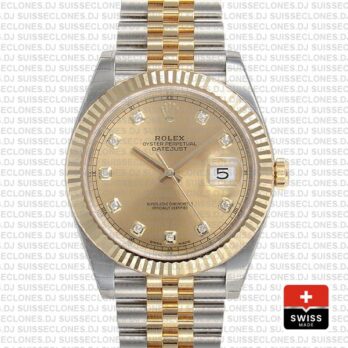 Rolex Datejust 41 Jubilee 2 Tone 18k Yellow Gold Flutted Bezel Gold Dial Diamond Markers 126333 Swiss Replica