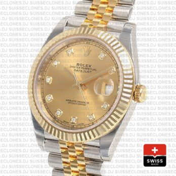 Rolex Datejust 41 Jubilee 2 Tone 18k Yellow Gold Flutted Bezel Gold Dial Diamond Markers 126333 Swiss Replica