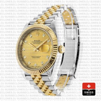 Rolex Datejust 41 Jubilee 2 Tone 18k Yellow Gold Flutted Bezel Gold Dial Diamond Markers 126333 Swiss Replica