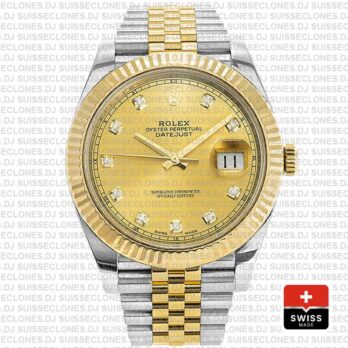 Rolex Datejust Two-Tone Jubilee Bracelet 18k Yellow Gold Fluted Bezel Gold Diamond Dial 41mm