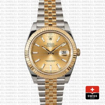 Rolex Datejust 41 Jubilee 2 Tone 18k Yellow Gold Flutted Bezel Gold Dial Stick Markers 126333 Swiss Replica