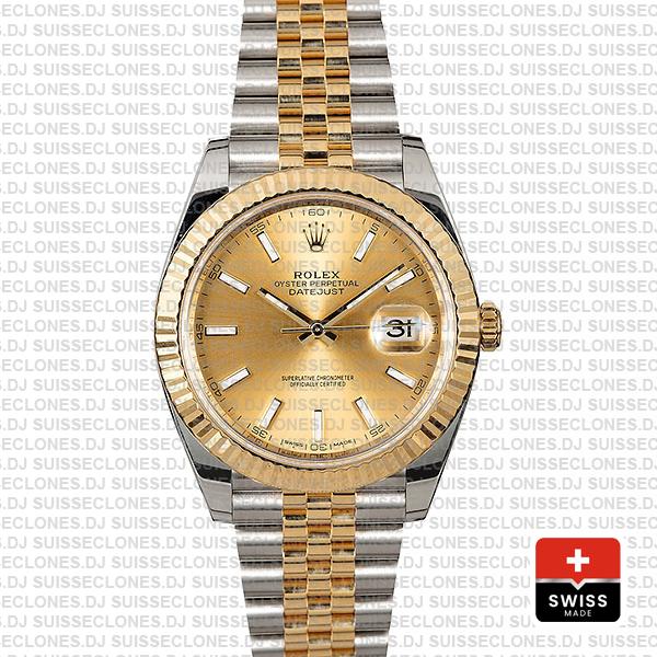 Rolex Datejust 41 Jubilee 2 Tone 18k Yellow Gold Flutted Bezel Gold Dial Stick Markers 126333 Swiss Replica