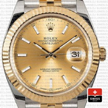 Rolex Datejust 41 Jubilee 2 Tone 18k Yellow Gold Flutted Bezel Gold Dial Stick Markers 126333 Swiss Replica