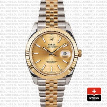 Rolex Datejust 41 Jubilee 2 Tone 18k Yellow Gold Flutted Bezel Gold Dial Stick Markers 126333 Swiss Replica