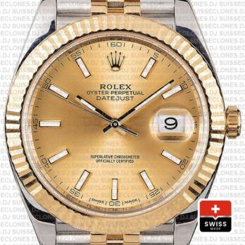 Rolex Datejust 41 Jubilee 2 Tone 18k Yellow Gold Flutted Bezel Gold Dial Stick Markers 126333 Swiss Replica