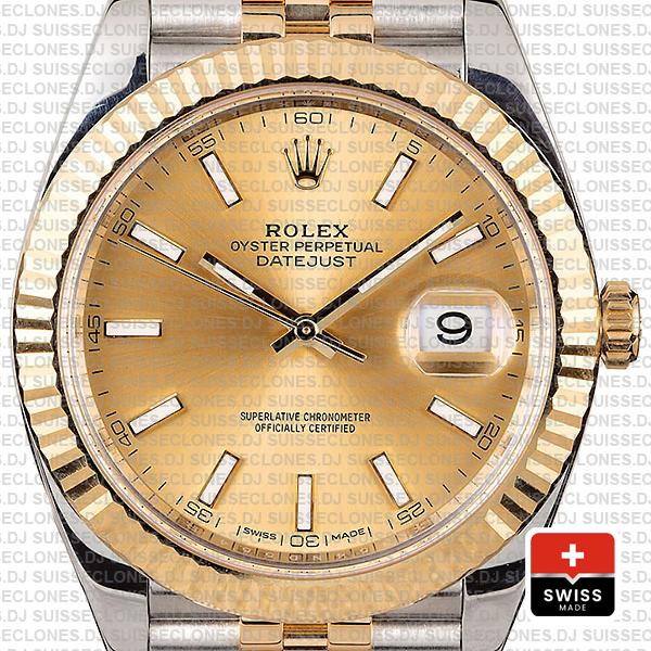 Rolex Datejust 41 Jubilee 2 Tone 18k Yellow Gold Flutted Bezel Gold Dial Stick Markers 126333 Swiss Replica