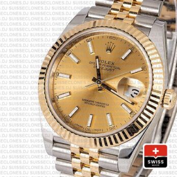 Rolex Oyster Perpetual Datejust 18k Yellow Gold Two-Tone Gold Dial Stainless Steel 41mm Jubilee Bracelet with Fluted Bezel