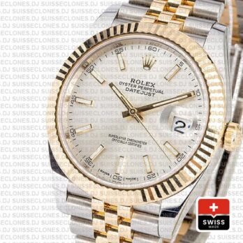 Rolex Datejust 41 Jubilee 2 Tone 18k Yellow Gold Flutted Bezel Silver Dial Stick Markers 126333 Swiss Replica