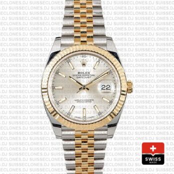 Rolex Datejust 41 Jubilee 2 Tone 18k Yellow Gold Flutted Bezel Silver Dial Stick Markers 126333 Swiss Replica