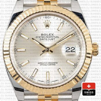 Rolex Datejust 41 Jubilee 2 Tone 18k Yellow Gold Flutted Bezel Silver Dial Stick Markers 126333 Swiss Replica