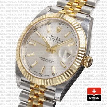 Rolex Datejust 41 Jubilee 2 Tone 18k Yellow Gold Flutted Bezel Silver Dial Stick Markers 126333 Swiss Replica