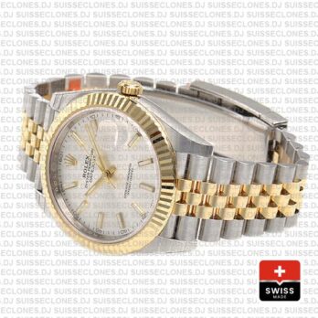 Rolex Datejust 41 Jubilee 2 Tone 18k Yellow Gold Flutted Bezel Silver Dial Stick Markers 126333 Swiss Replica