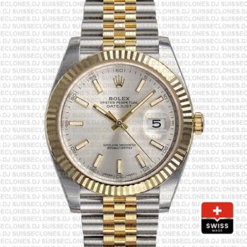 Rolex Datejust 41 Jubilee 2 Tone 18k Yellow Gold Flutted Bezel Silver Dial Stick Markers 126333 Swiss Replica