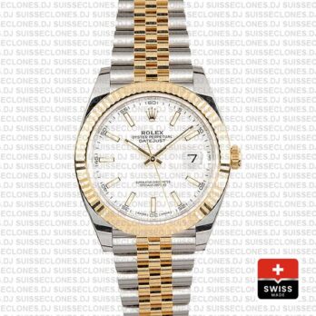 Rolex Datejust 41 Jubilee 2 Tone 18k Yellow Gold Flutted Bezel White Dial Stick Markers 126333 Swiss Replica