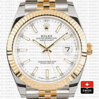 Rolex Datejust 41 Jubilee 2 Tone 18k Yellow Gold Flutted Bezel White Dial Stick Markers 126333 Swiss Replica