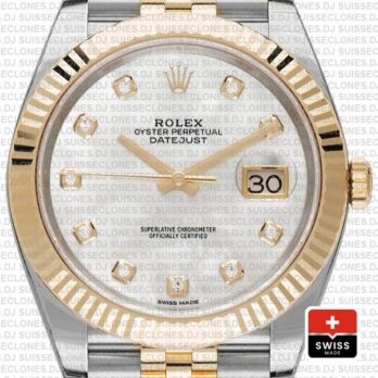 Rolex Datejust 41 Jubilee 2 Tone 18k Yellow Gold Flutted Bezel White Mop Dial Diamond Markers 126333 Swiss Replica