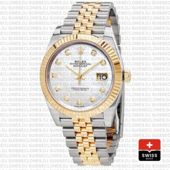 Rolex Datejust 41mm Jubilee Bracelet Two-Tone 18k Yellow Gold Fluted Bezel White Mother of Pearl Diamond Dial