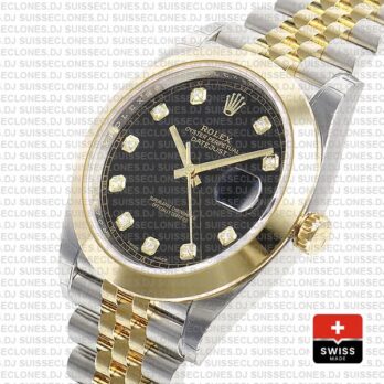 Rolex Datejust 41 Jubilee 2 Tone 18k Yellow Gold Smooth Bezel Black Dial Diamond Markers 126303 Swiss Replica