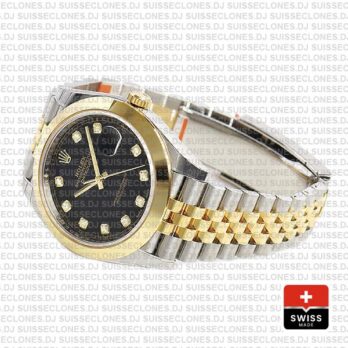 Rolex Datejust 41 Jubilee 2 Tone 18k Yellow Gold Smooth Bezel Black Dial Diamond Markers 126303 Swiss Replica