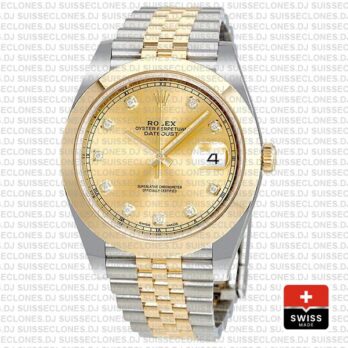 Rolex Datejust 41 Jubilee Two-Tone 18k Yellow Gold 904L Steel Smooth Bezel Gold Dial Diamonds