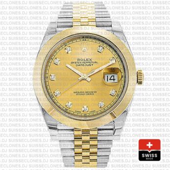 Rolex Datejust 41 Jubilee 2 Tone 18k Yellow Gold Smooth Bezel Gold Dial Diamond Markers 126303 Swiss Replica