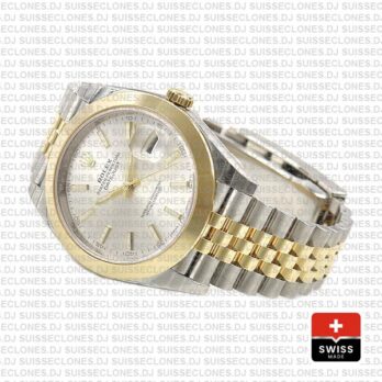 Rolex Datejust 41 Jubilee 2 Tone 18k Yellow Gold Smooth Bezel Silver Dial Stick Markers 126303 Swiss Replica