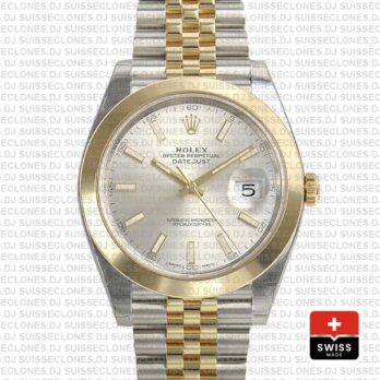 Rolex Datejust 41 Jubilee 2 Tone 18k Yellow Gold Smooth Bezel Silver Dial Stick Markers 126303 Swiss Replica