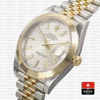 Rolex Datejust 41 Jubilee 2 Tone 18k Yellow Gold Smooth Bezel Silver Dial Stick Markers 126303 Swiss Replica