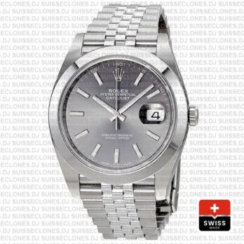 Rolex Datejust 41 Jubilee Steel Smooth Bezel Dark Rhodium Grey Dial Stick Markers 126300 Swiss Replica