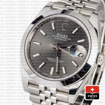 Rolex Datejust 41 Jubilee Steel Smooth Bezel Dark Rhodium Grey Dial Stick Markers 126300 Swiss Replica