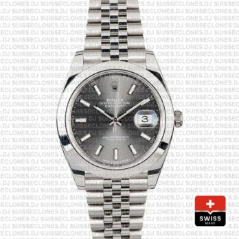 Rolex Datejust 41 Jubilee Steel Smooth Bezel Dark Rhodium Grey Dial Stick Markers 126300 Swiss Replica