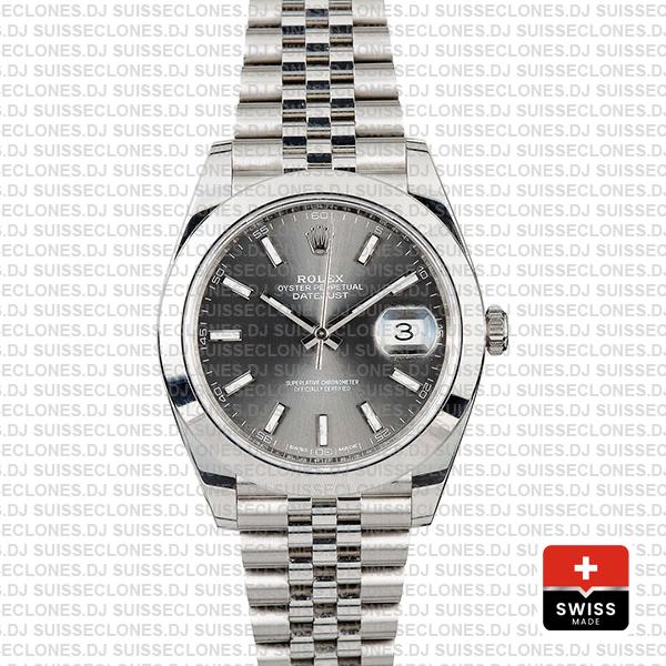 Rolex Datejust 41 Jubilee Steel Smooth Bezel Dark Rhodium Grey Dial Stick Markers 126300 Swiss Replica