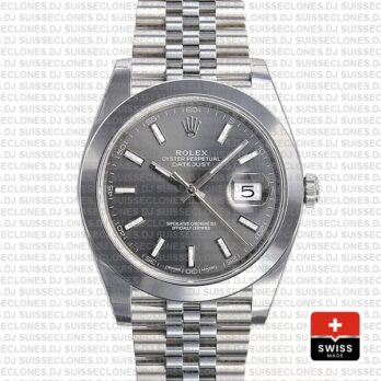 Rolex Datejust 41 Jubilee Steel Smooth Bezel Dark Rhodium Grey Dial Stick Markers 126300 Swiss Replica