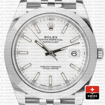 Rolex Datejust 41 Jubilee Steel Smooth Bezel White Dial Stick Markers 126300 Swiss Replica