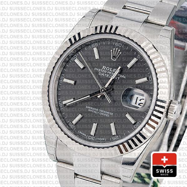 Rolex Datejust 41 Oyster 18k W Gold Fluted Bezel Rhodium Grey Dial Stick Markers 126334
