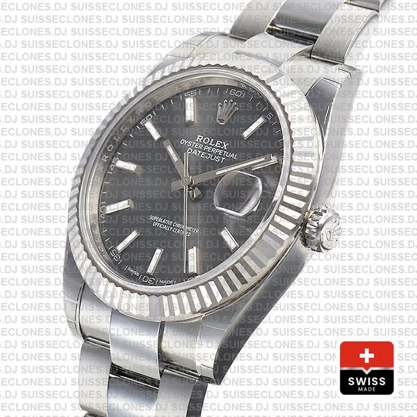 Rolex Datejust 41 Oyster 18k W Gold Fluted Bezel Rhodium Grey Dial Stick Markers 126334