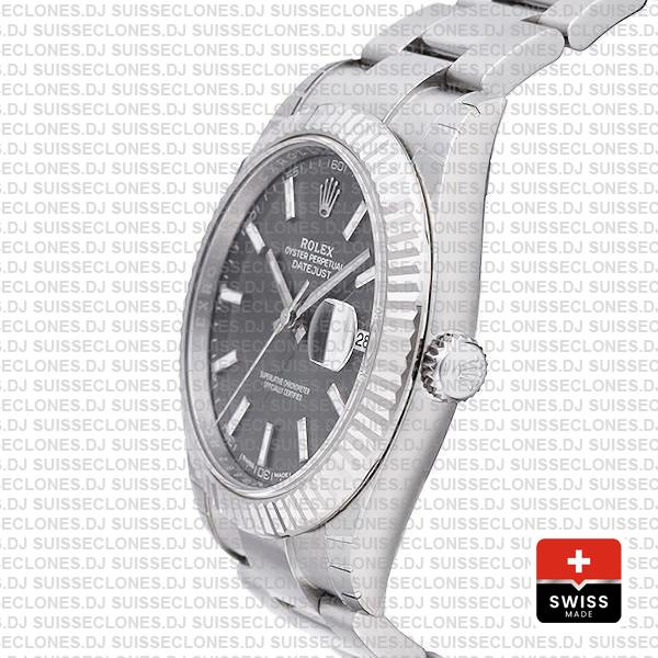 Rolex Datejust 41 Oyster 18k W Gold Fluted Bezel Rhodium Grey Dial Stick Markers 126334