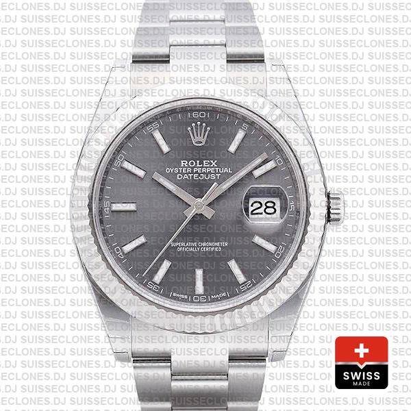 Rolex Datejust 41 Oyster 18k W Gold Fluted Bezel Rhodium Grey Dial Stick Markers 126334