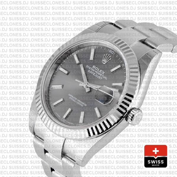 Rolex Datejust 41 Oyster 18k W Gold Fluted Bezel Rhodium Grey Dial Stick Markers 126334
