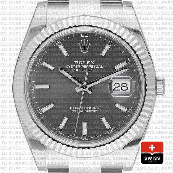 Rolex Datejust 41 Oyster 18k W Gold Fluted Bezel Rhodium Grey Dial Stick Markers 126334