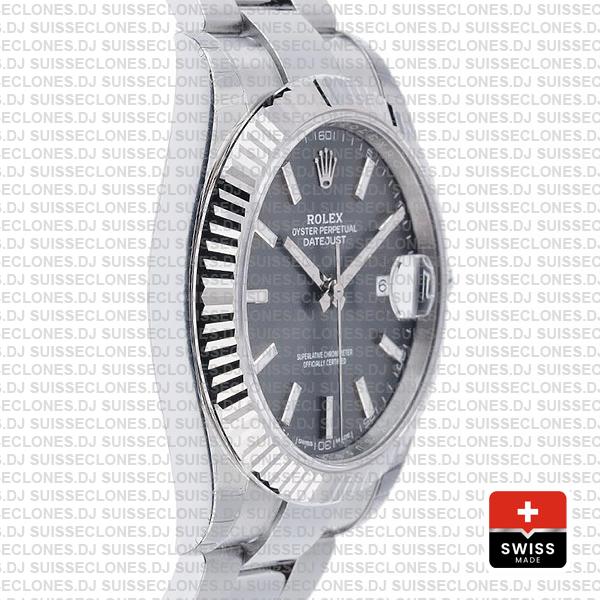 Rolex Datejust 41 Oyster 18k W Gold Fluted Bezel Rhodium Grey Dial Stick Markers 126334
