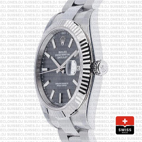 Rolex Datejust 41 Oyster 18k W Gold Fluted Bezel Rhodium Grey Dial Stick Markers 126334