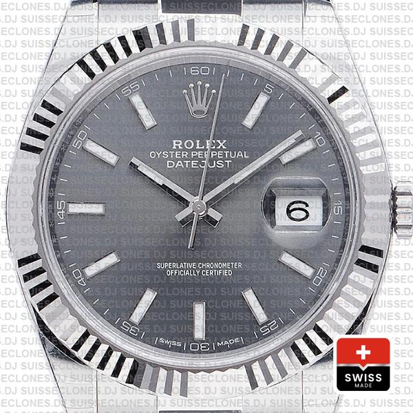 Rolex Datejust 41 Oyster 18k W Gold Fluted Bezel Rhodium Grey Dial Stick Markers 126334