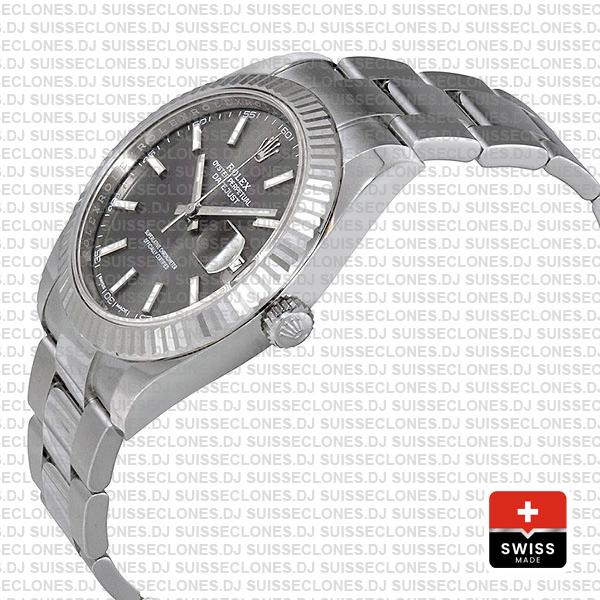 Rolex Datejust 41 Oyster 18k W Gold Fluted Bezel Rhodium Grey Dial Stick Markers 126334
