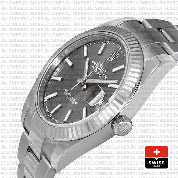 Rolex Datejust 41 Oyster 18k W Gold Fluted Bezel Rhodium Grey Dial Stick Markers 126334